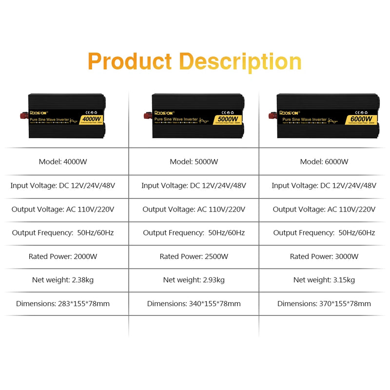 RDDSPON  Pure Sine Wave Inverters 4000W 5000W 6000W  Double EU SocketDC 12V 24V 48V to AC 110V 220V,50Hz,60Hz  Voltage Converter