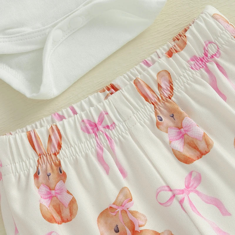 Toddler Girls Spring Floral Ruffle Sleeve Romper and Pants Set with Matching Headband - Easter Bunny Print Outfit for Baby Girls