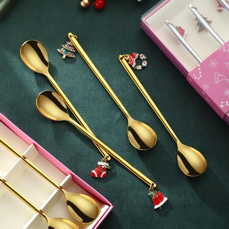 6pcs New Year 2023 Xmas Spoons Metal Merry Christmas Spoons Fork Box Party Tableware Ornaments Christmas Decorations for Home