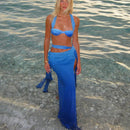 3 Pcs Swimwear Blue Bikini Swimsuit with Skirt Halter Swimwear Women Brazilian Bikini Bathing Suit A Line Skirt Summer Female