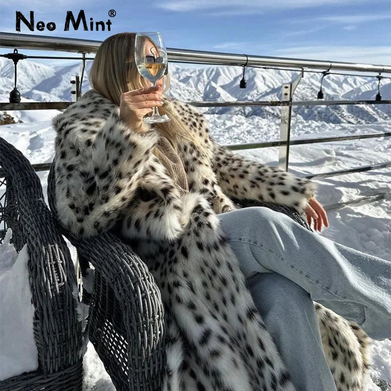 Exclusive Winter 2023 Long Belted Leopard Faux Fox Fur Coat Women Overcoats Ladies Stylish Street Fashion Fluffy Fox Fur Jacket