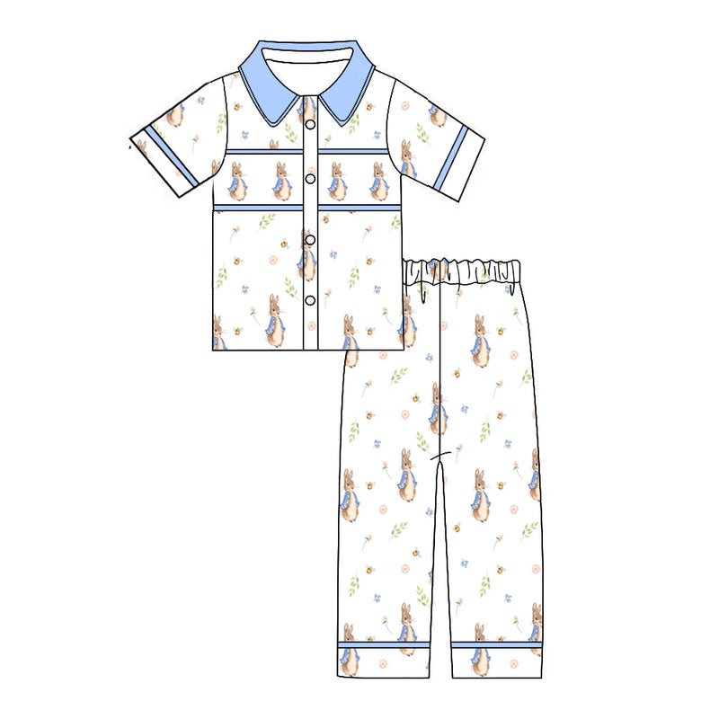 Easter boutique children's suit lapel lace short sleeve elastic rabbit flower print trousers girls boys trousers pajamas set