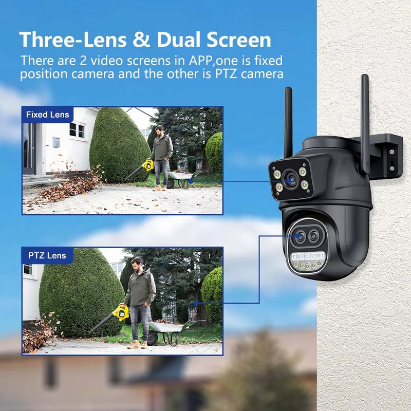 12MP 6K Security WiFi Camera Zoom Three Lens Dual Screens Outdoor PTZ  Cameras Auto Tracking 4K 8MP CCTV Video Surveillance Cam