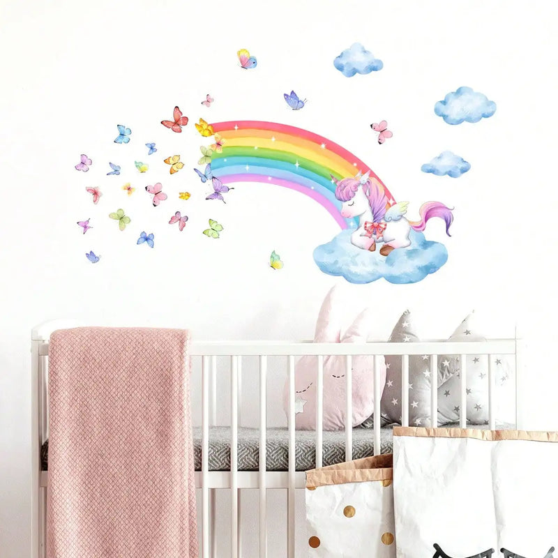 Unicorn Rainbow Cloud and Butterfly Wall Sticker Background Wall Living Room Decoration