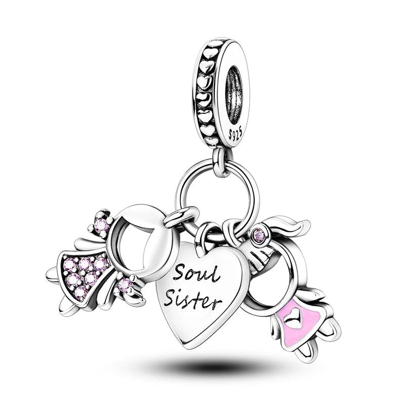 Silver Plated Boy Girl Couple Lovers Beads Charms Zirconium Dangle Fit Original Pandora Bracelet Necklace Jewelry Women