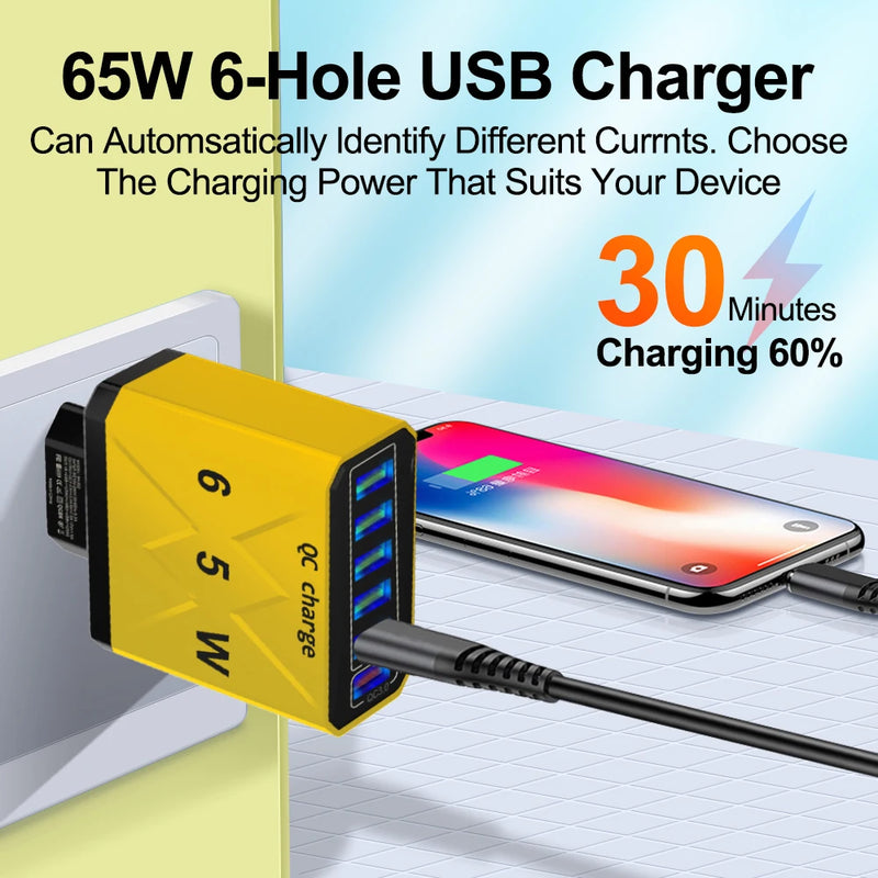 65W 6 Ports USB Charger Fast Charging Mobile Phone Charger Adapter For iPhone Samsung Xiaomi QC 3.0 EU/US/KR/UK Fast Charge Plug