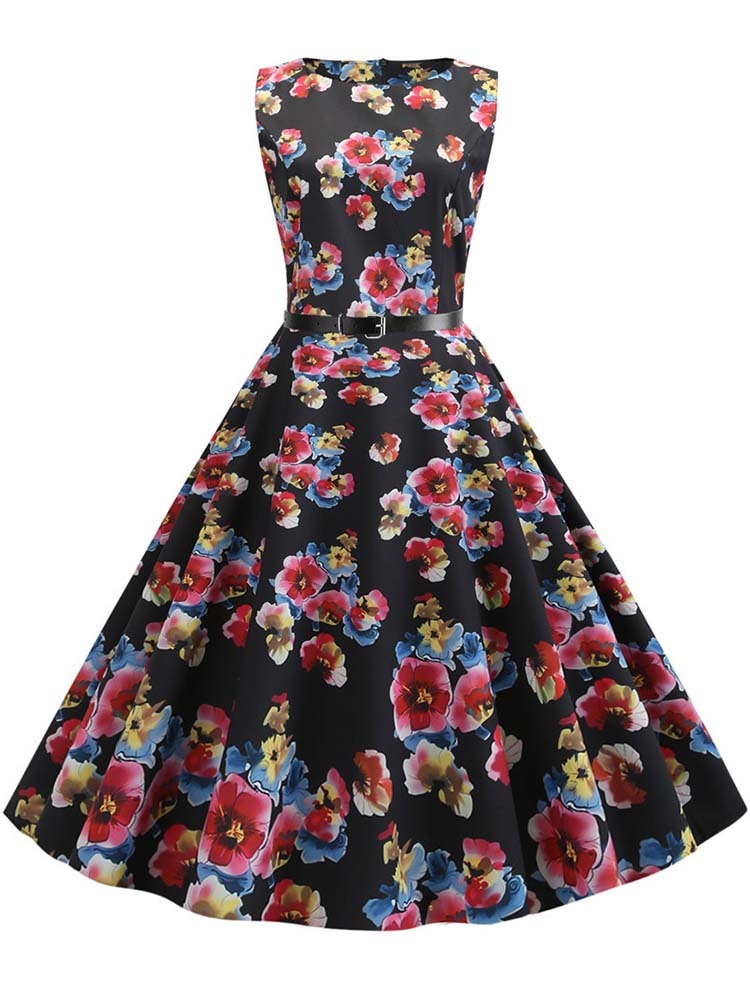 Floral Print Summer Dress Women Vintage Dresses Elegant Retro Party Tank Sleeveless Casual Office Dress