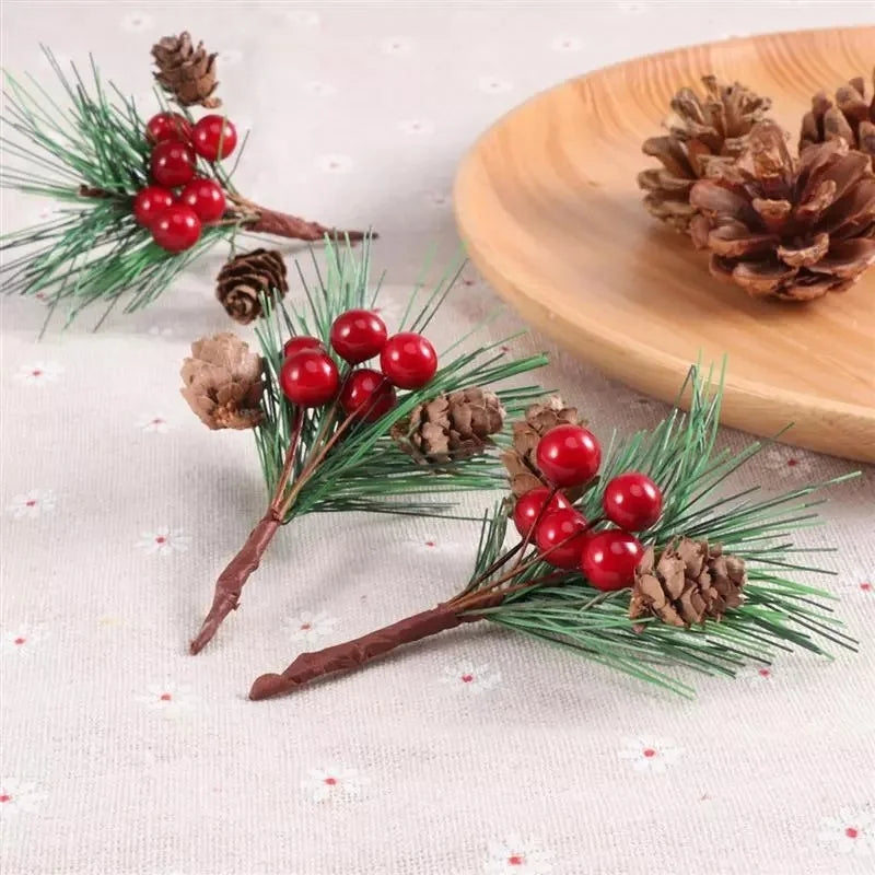 10PC/set Artificial Flower Red Christmas Berry and Pine Cone with Holly Branches Decoration for Home Floral Decor Flower Crafts