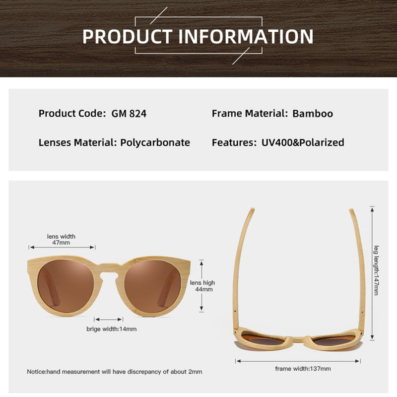 GM Natural Bamboo Sunglasses Women Polarized UV400 Brand Designer Classic Sun glasses Men Vintage Wooden Sunglasses S824