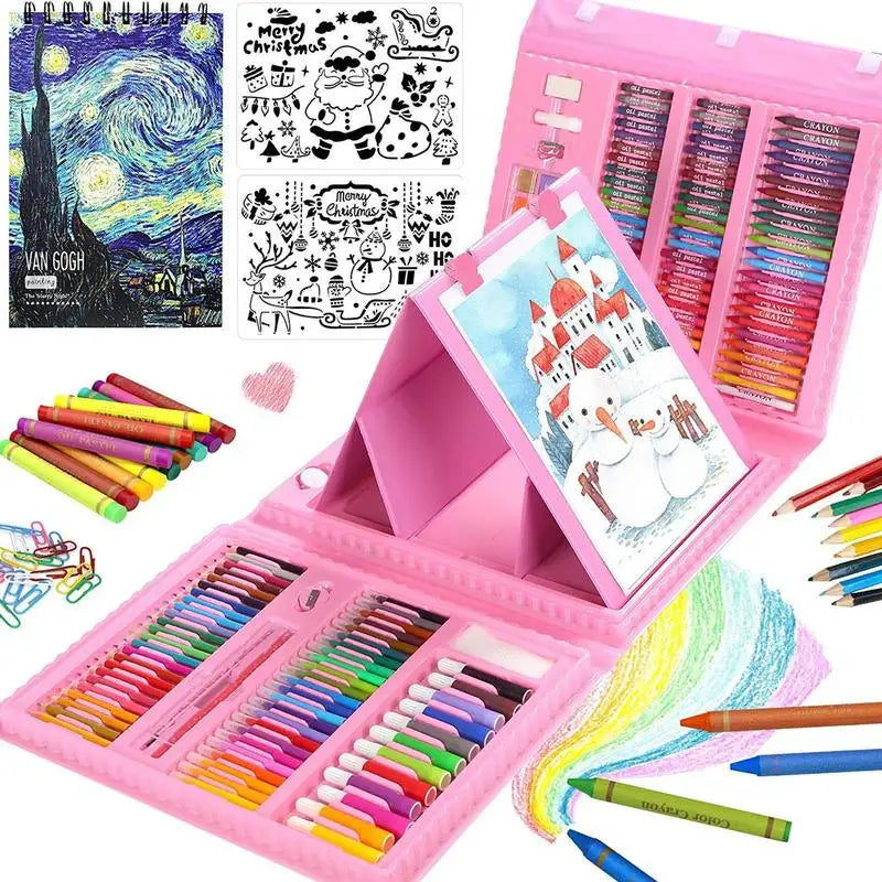 208pc Art Supplies Kit Gifts Art Set Case with Double Sided Trifold Easel Oil Pastels, Crayons, Colored Pencils, Markers
