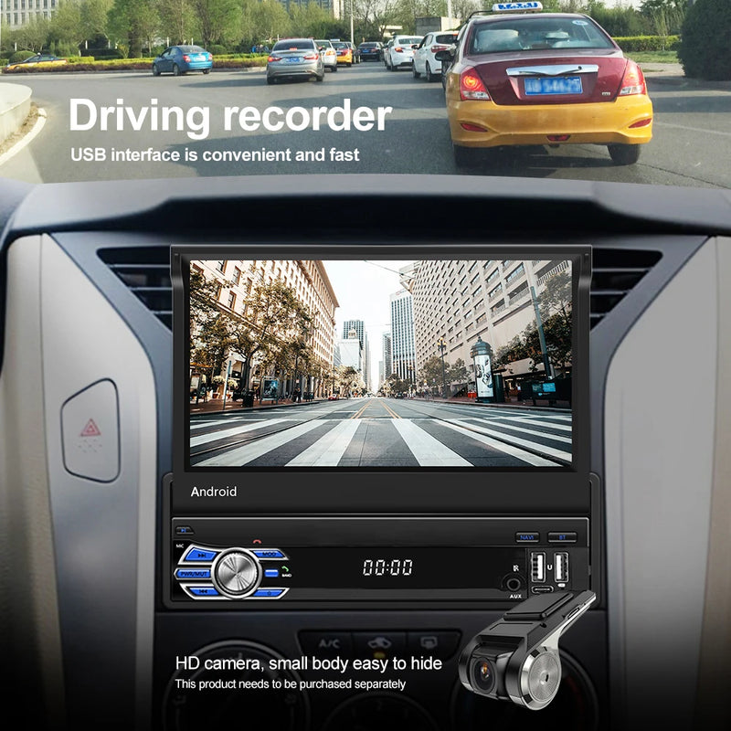 Podofo 4Core 1Din Android Car Stereo 7 ''Retractable Screen Car Radio Carplay Android 2 + 64G Mirror Link GPS WIFI Car Audio