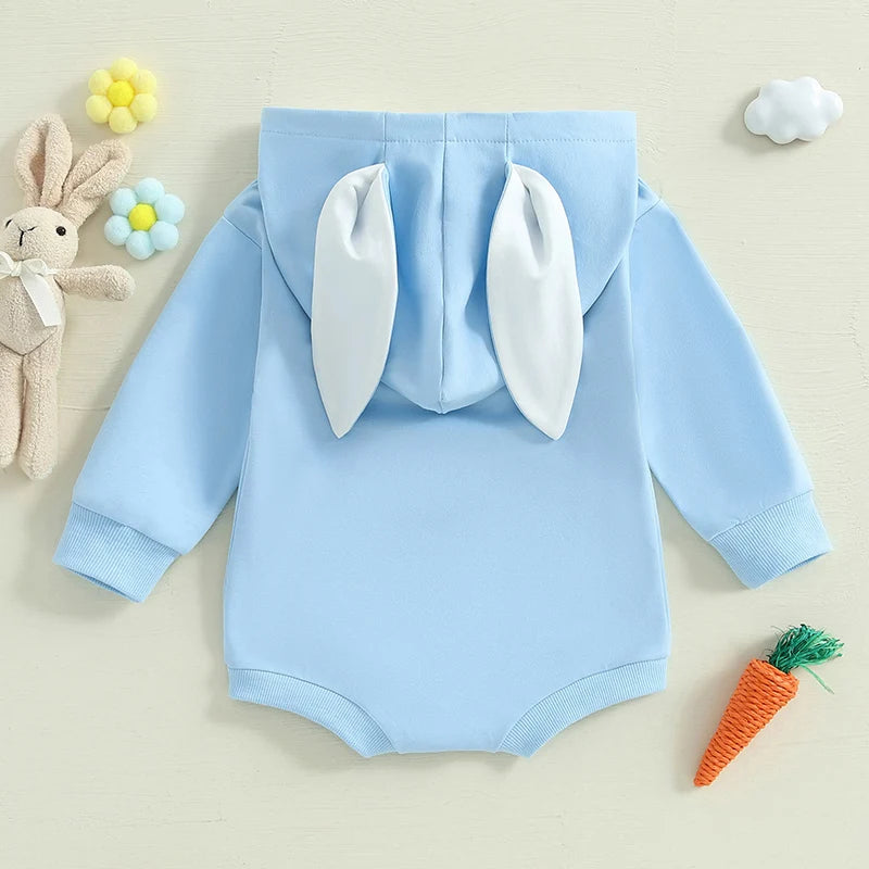 Adorable Baby Easter Bunny Hooded Romper with Long Sleeves and Embroidered Letter Detail for Infant Girls