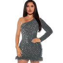 Sexy and Elegant Women's Party Dress Long Sleeved Diagonal Shoulder Off Shoulder Sparkling Edge Sequin Tight Women's Prom Dress