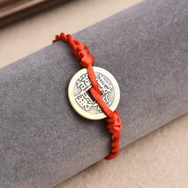 Lucky Red String Feng Shui Copper Coin Bracelet Bangle Handmade Adjustable Attract Money Wealth Bracelet for Women Men