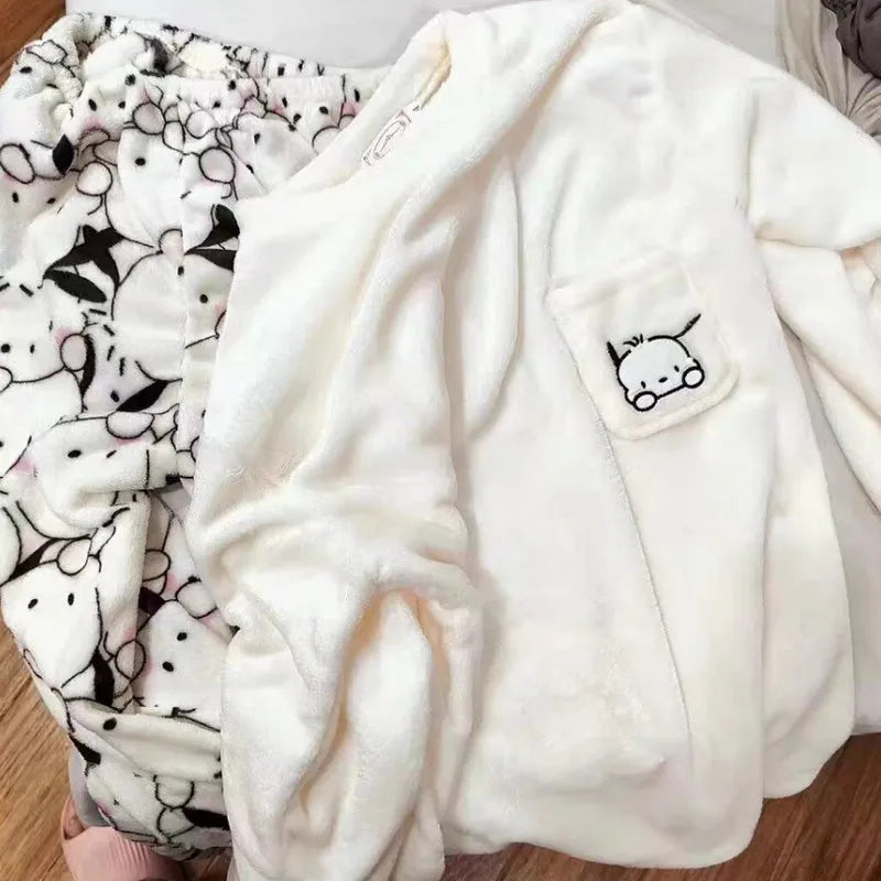 Sanrio Japanese Cartoon Hello Kitty Stuff Pajamas Female Flannel Winter The New Plus Thicken Velvet Sweet Keep Warm Tracksuit
