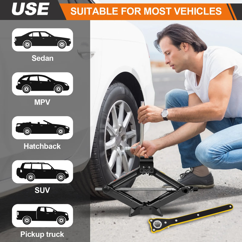 Scissor Jack, 2 Tons Automotive Car Tyre Repair Changing Lifting Tool with Hexagonal Lug Labor-Saving Wrench, 105mm to 385mm