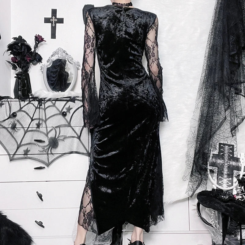 Halloween Gothic Women Dress Long Sleeve High Waist Dresses 2023 New Goth Aesthetic 90s Egirl Sexy Slim Party Club Dress CF22166