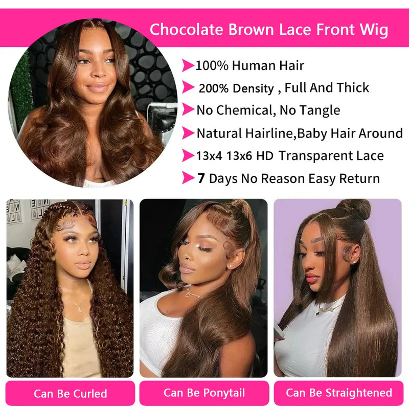 200 Density 13x4 HD Chocolate Brown Body Wave Lace Front Wig Human Hair Pre Plucked