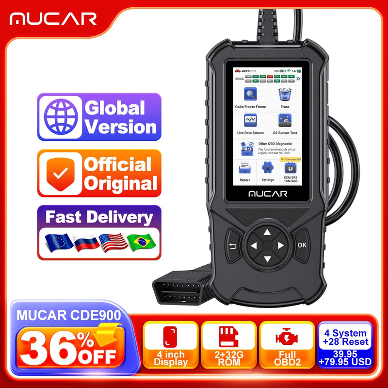 MUCAR CDE900 Obd2 Scanner Car Diagnostic Tool Auto Engine ABS SRS TCM 4 System Code Reader Automotive Scan Diagnosis Free Update