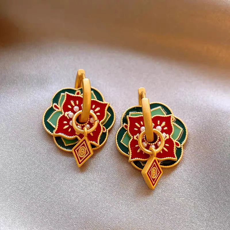 Ethnic Chinese Colorful Enamel Earrings for Women Retro Design Gold Plated Flower Shaped Multiple Wear Ways Luxury Jewelry Gifts