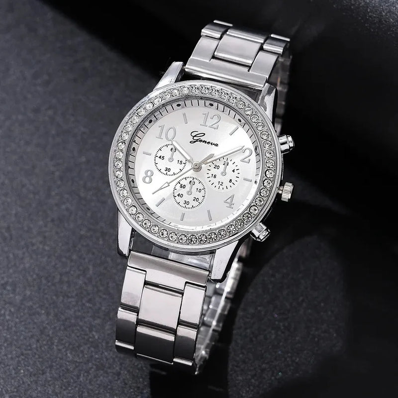 6PCS Set Luxury Watch Women Ring Necklace Earrings Rhinestone Fashion Wristwatch Female Casual Ladies Watches Bracelet Set Clock