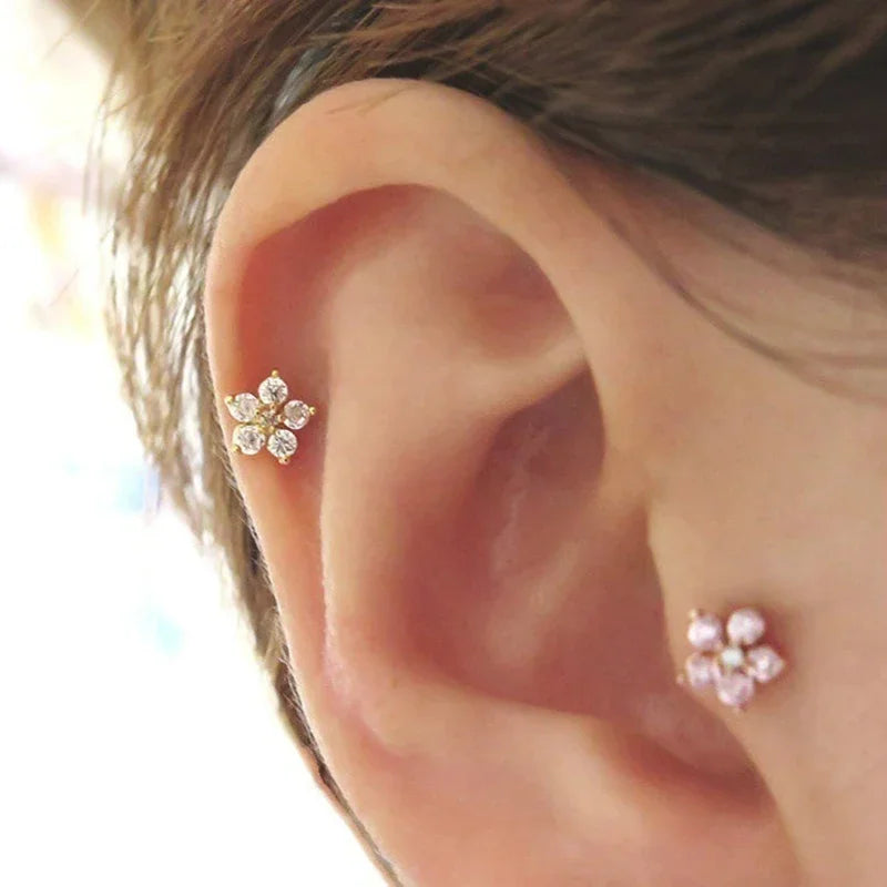 1 Pcs Minimalist Tiny Stainless Steel Cartilage Stud Earring Cubic Zircon Pentagram Flower Small Piercing Ear Jewelry Accessory