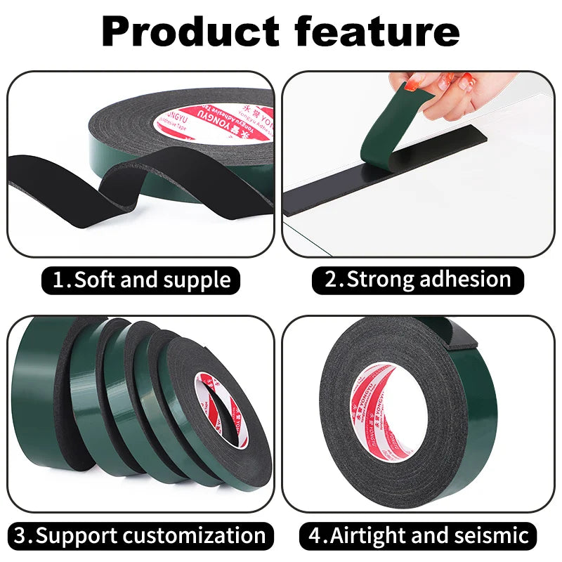 10 Meter Green Film Black Adhesive Foam Double-Sided Tape Soft And Elastic Shock-Absorbing Buffering Sound Insulation Collision