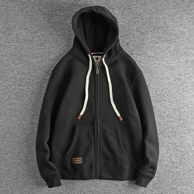 Autumn Winter American Retro Heavyweight Long Sleeved Hooded Hoodies Men's Simple Thickened Velvet Casual Cardigan Sweatshirts