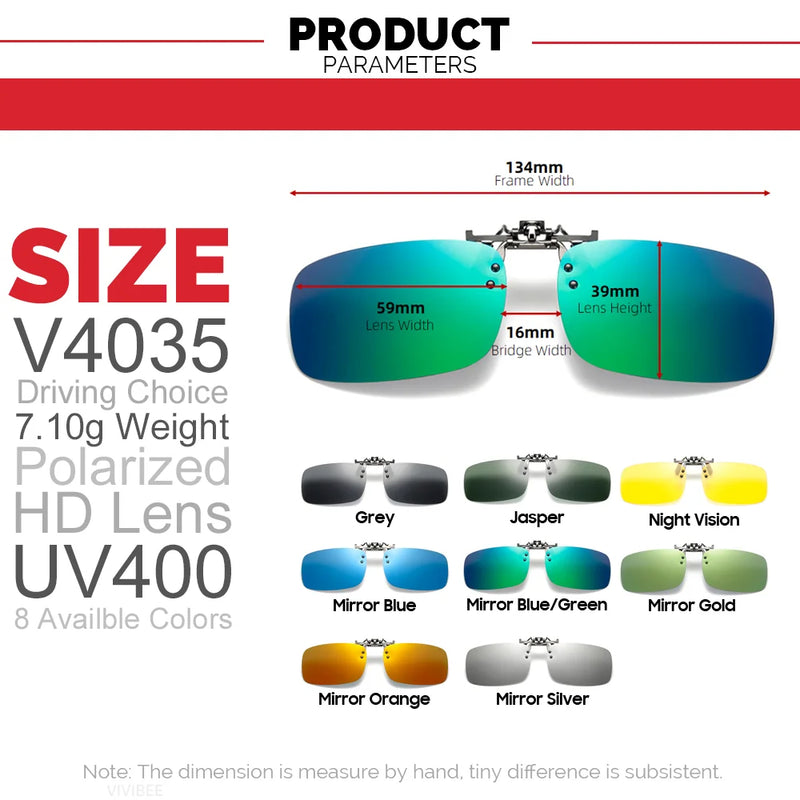 VIVIBEE Mirror Blue Flip Up Clip on Sunglasses Fishing Men Square Polarized Lens Metal Night Vision Driving UV400 Women Glasses