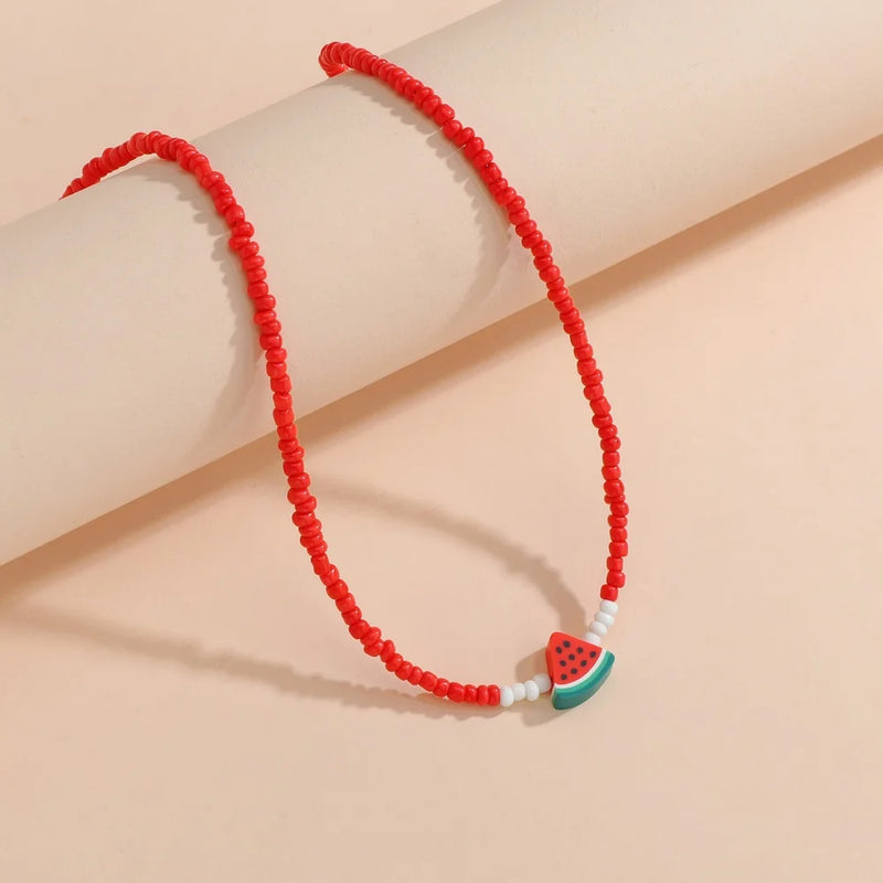 Cute Fashion Watermelon Pendant Red Resin Beaded Necklace Jewelry Gift Clothing Accessories