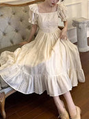 Elegant Women's Square Neck White Dress Summer French Fashion Bubble Sleeves with Ruffle Edge Women Unique Retro Long Dress New