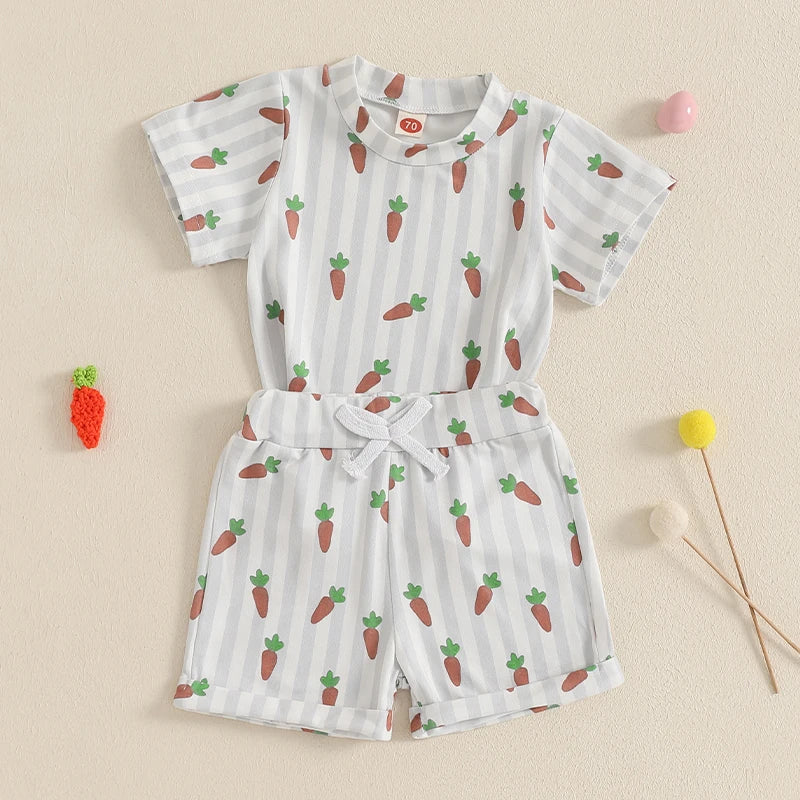 0-3Years Baby Boys Easter Outfits Carrot Stripe Print Short Sleeves T-Shirt and Elastic Shorts 2 Piece Sets for Boys