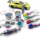 Car Parts Keychain NEO Chrome Metal Keyring Wheel Hub Nitrogen Gas Bottle Shock Absorber Key Chain Whistle Turbine Auto Interior