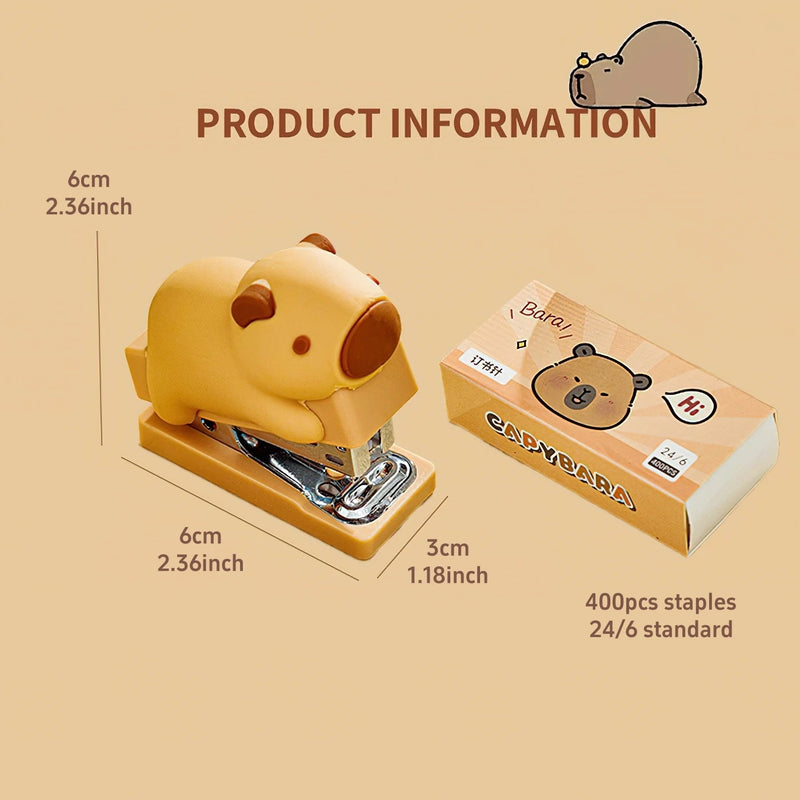 Mini Capybara Stapler 400pcs 24/6 Staples Set Cartoon Design Portable Binder Office Binding Tools F7713