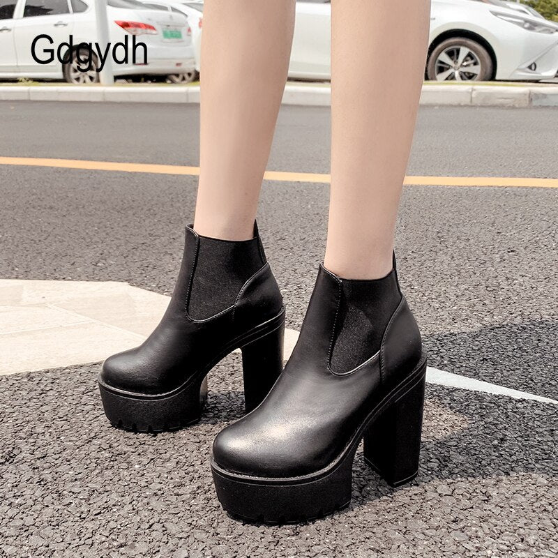 Gdgydh – bottes en cuir noir pour femmes, chaussures à talons hauts et plate-forme, modèle de fête, printemps-automne, couleur unie