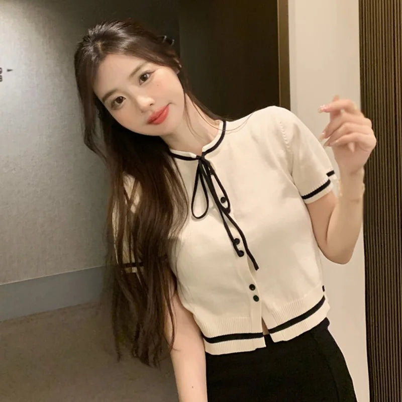 Korean Version Round Neck Short Sleeved T-shirt With Bow Tie Single Breasted Knit Top Shirt Casual Women's T-shirt