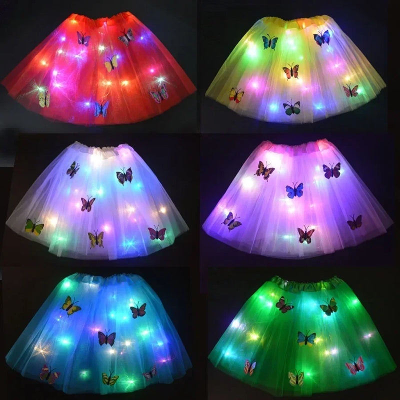 Princess Girl Butterfly Light Fairy Tutu LED Skirt Glow Flower Headband Birthday Gift Fancy Party Christmas Halloween Festival