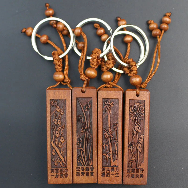 Yanting wood keychain Chinese anicent words round square charms trinket charm pendant car keychains Christmas gifts for men 022