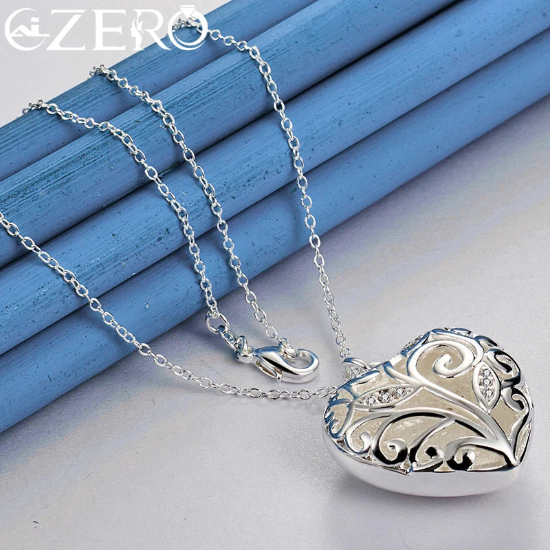 ALIZERO 925 Sterling Silver Hollow Heart AAA Zircon Pendant Necklace 16-30 Inch Chain For Women Wedding Engagement Party Jewelry