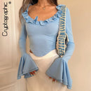 Cryptographic Elegant Frill Ruffle Detail Flare Sleeve Tops Low Plunge Neck Slim Tie Back Y2K Sexy Cropped Tops Solid Clothes