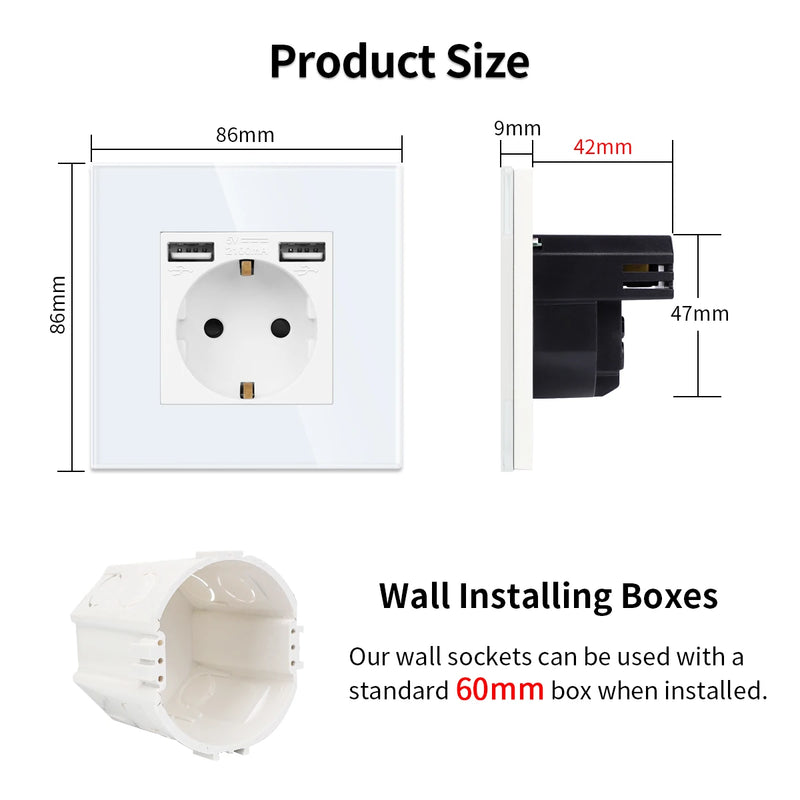 Bingoelec EU Power Socket with USB for Home Dual Usb Plug Double French Electrical Outlet 16A Crystal Glass Panel Wall Socket