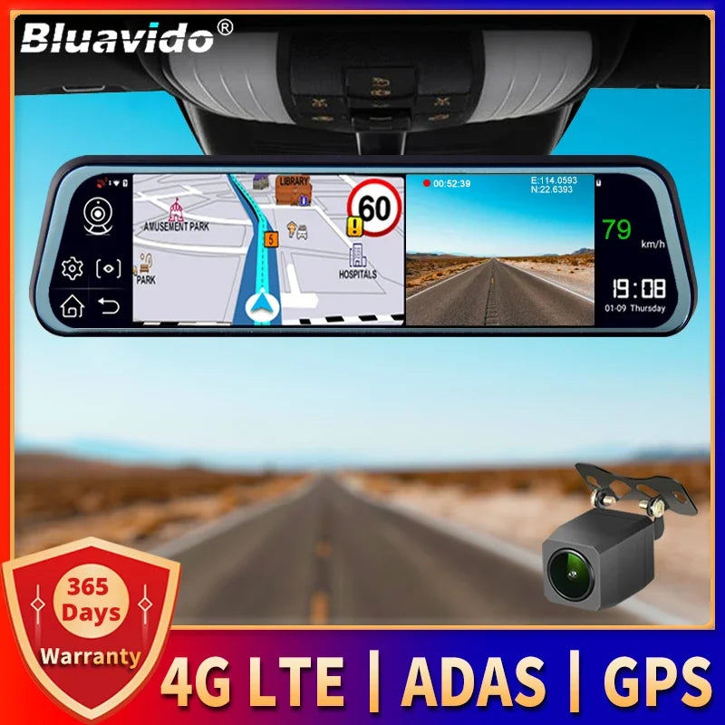 Bluavido 9.66" Car Rearview Mirror 4G Android GPS Dash Cam FHD 1080P Video Recorder Dual Camera DVR WiFi App Remote Monitoring