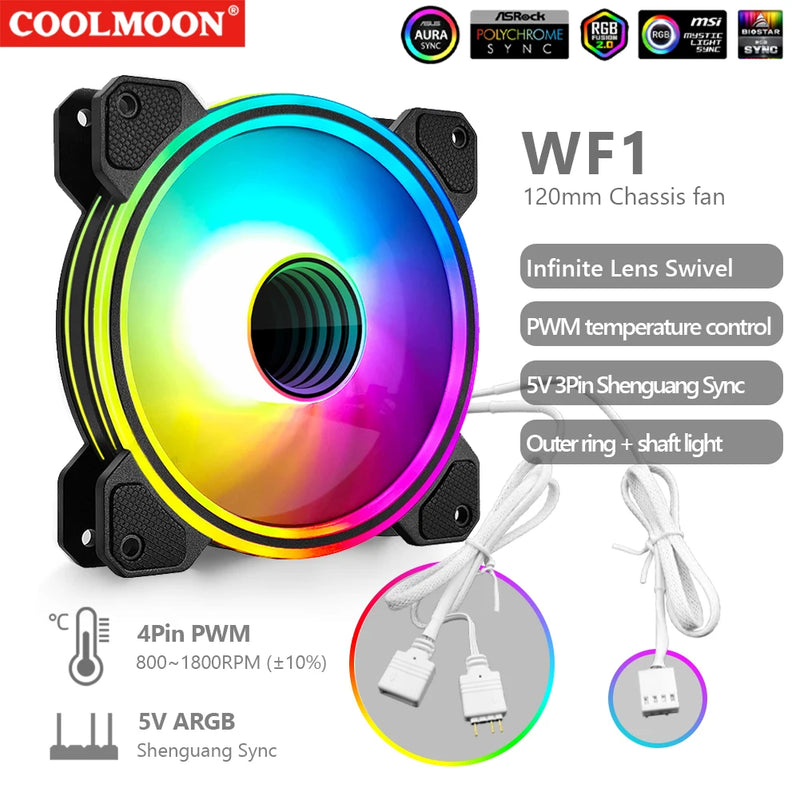 COOLMOON Chassis Cooler Radiator 4Pin PWM Silent PC Case Cooling Fan 120mm 5V 3Pin ARGB Aura Sync Computer Cooler