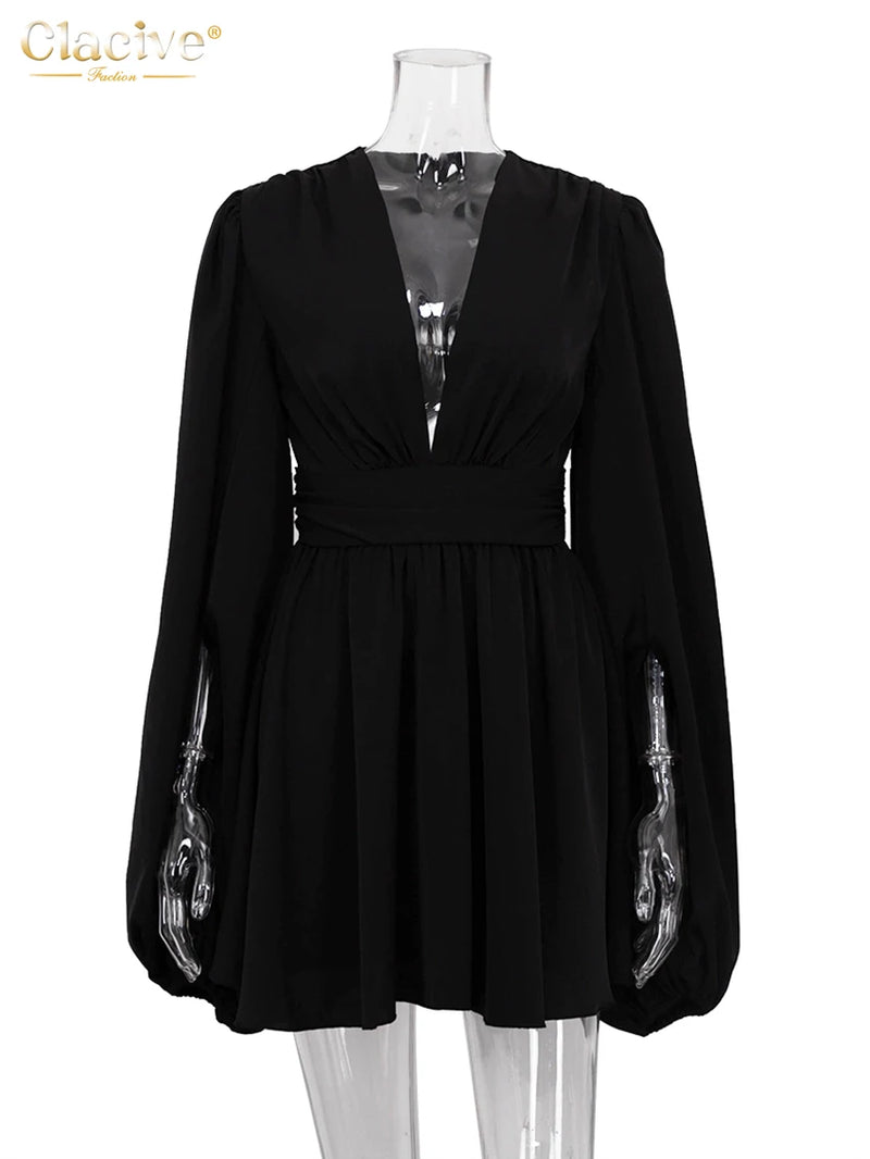 Clacive Sexy Deep V-Neck Mini Dress Lady Fashion Slim Puff Sleeve Black Dress Elegant Pleated High Waist Dresses For Women 2022
