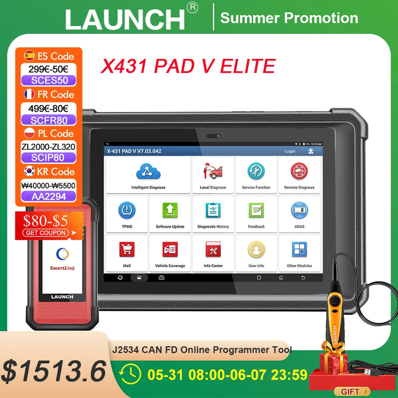 LAUNCH X431 PAD V Elite Full System Car Diagnostic Tools J2534 CAN FD Online Programming Coding active tester Auto OBD2 Scanner