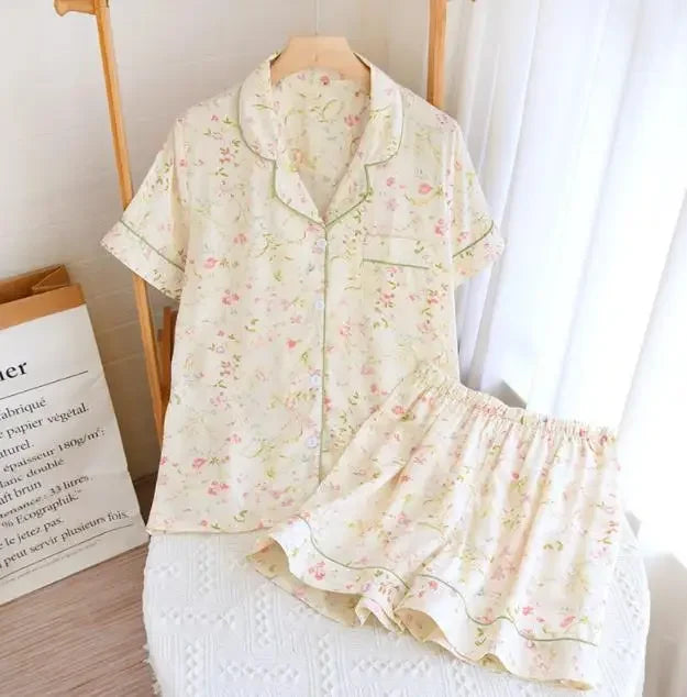 Summer new ladies pajamas suit viscose buckle comfortable man-made cotton short-sleeved shorts two-piece home service set women