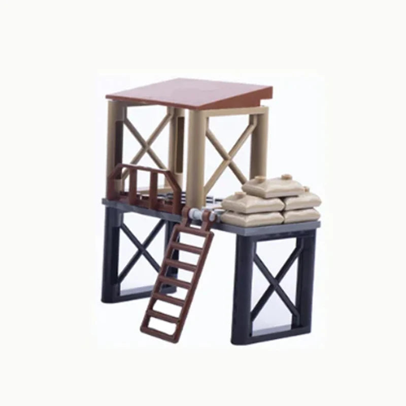 Military MOC Sentry Building Block Soldier Sandbag Fence Cannon Shell Barbed Wire Weapon Rack Training Field Watchtower Toy K018