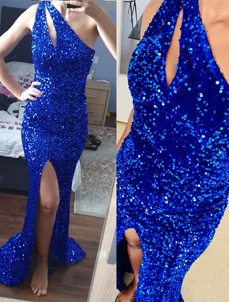 Sexy Cut Out Split Stretch Sequin Formal Party Dress Sleeveless Floor Length Bodycon Evening Night Out Gown Royal Blue Red Black