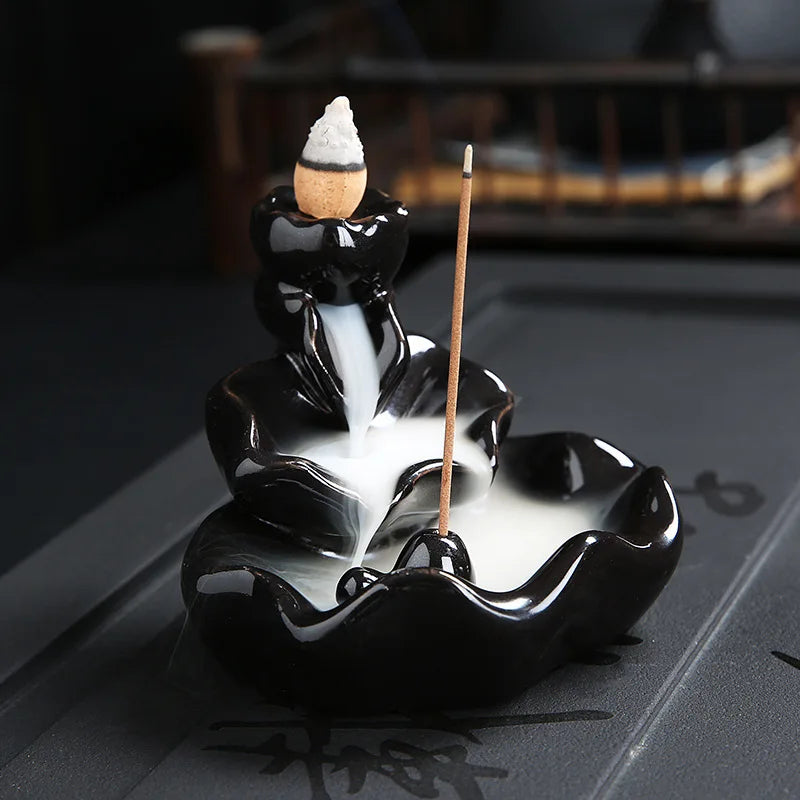 Black Backflow Incense Burner Lotus Fish Ceramics Sandalwood Incense Sticks Holder Small Home Decor Ornaments