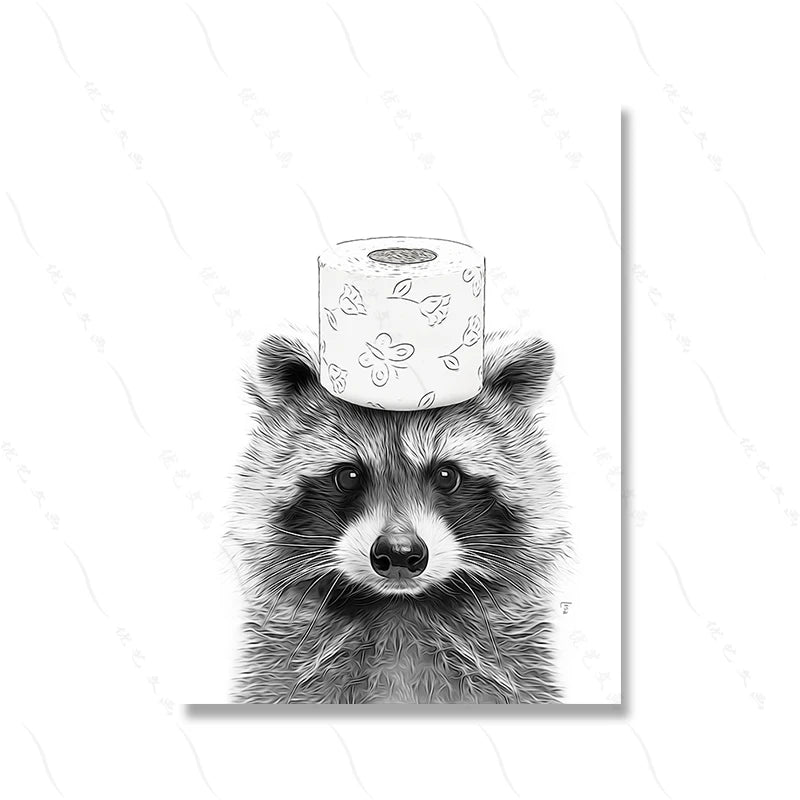 Adorable Raccoon Bathroom Roll Paper Prints Wall Art Canvas Painting Funny Toilet Poster Animal Cute Pictures Home Decoration